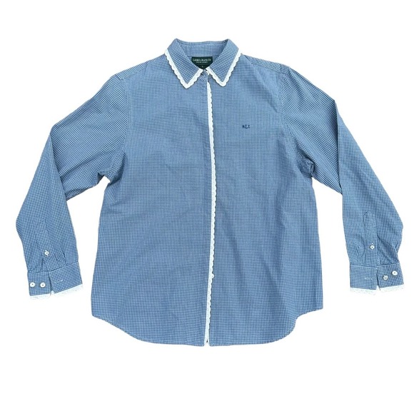 Ralph Lauren Pajama Top Womens Long Sleeve Lace Button Down Cotton Blue Large - Picture 2 of 8